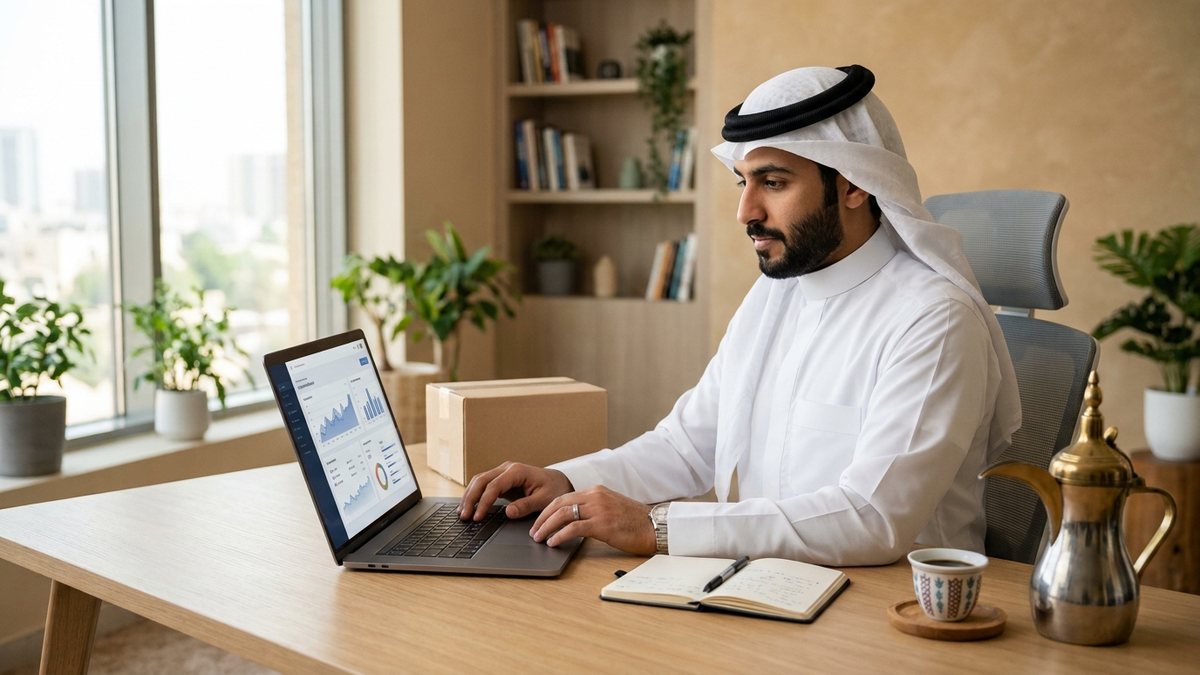 رائد أعمال سعودي يعمل على متجره الإلكتروني في مكتب منزلي بجوار طرد شحن
