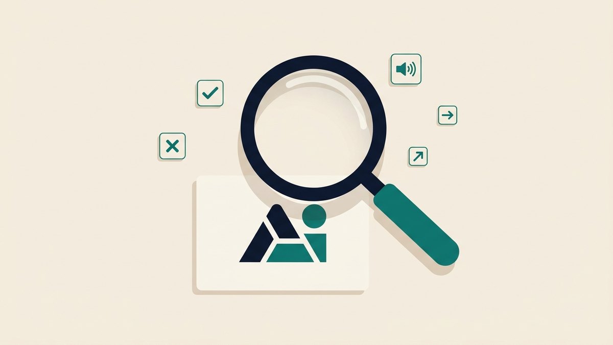 A magnifying glass inspecting a brand mark surrounded by checklist, check and cross icons