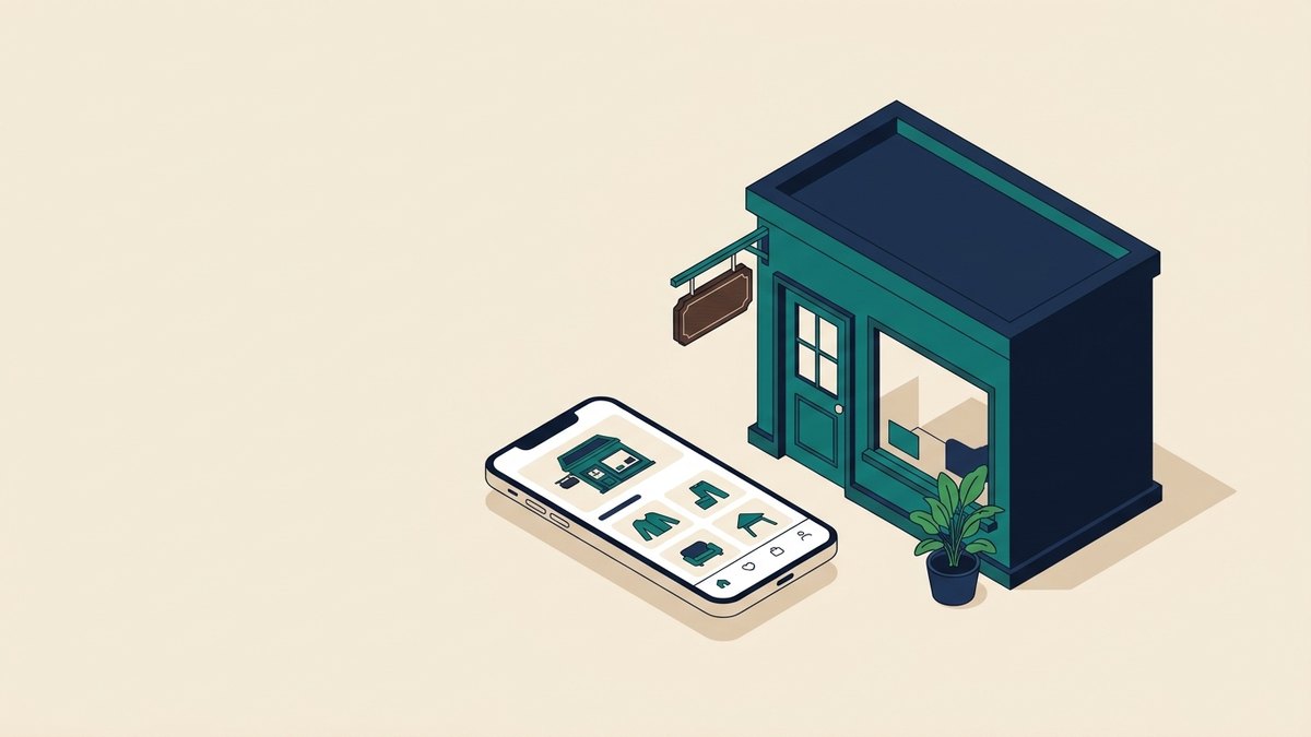 A small shop facade with a blank hanging sign and a phone showing the same shop as an online store
