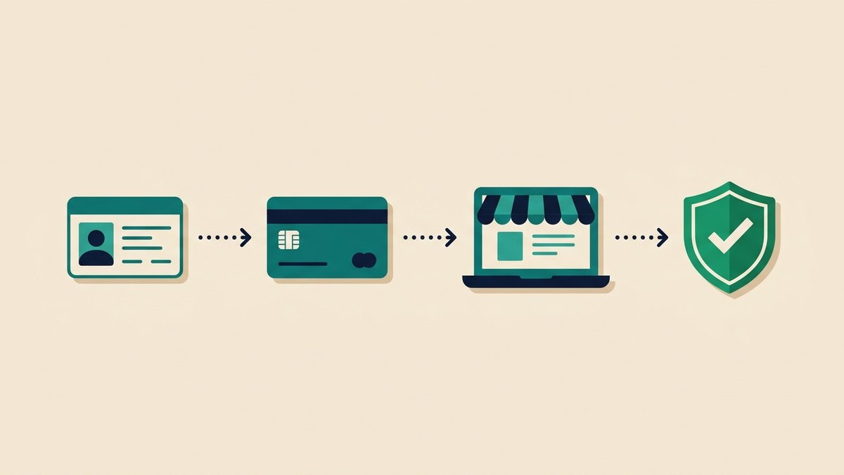 أربع خطوات متسلسلة للتوثيق: وثيقة هوية ثم بطاقة بنكية ثم متجر إلكتروني ثم شارة توثيق خضراء